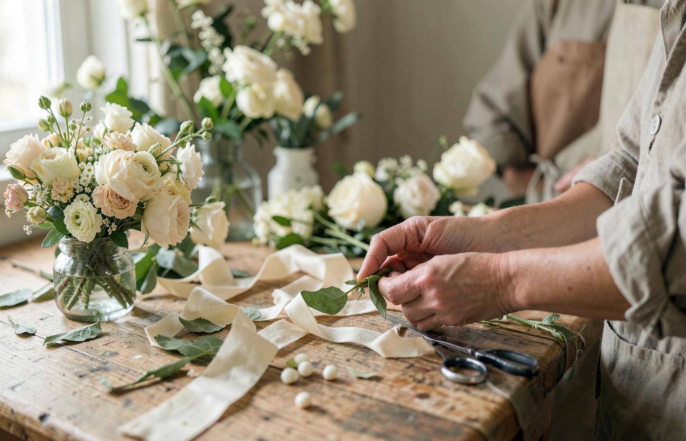 Ateliê floral com flores sendo montadas sobre a mesa