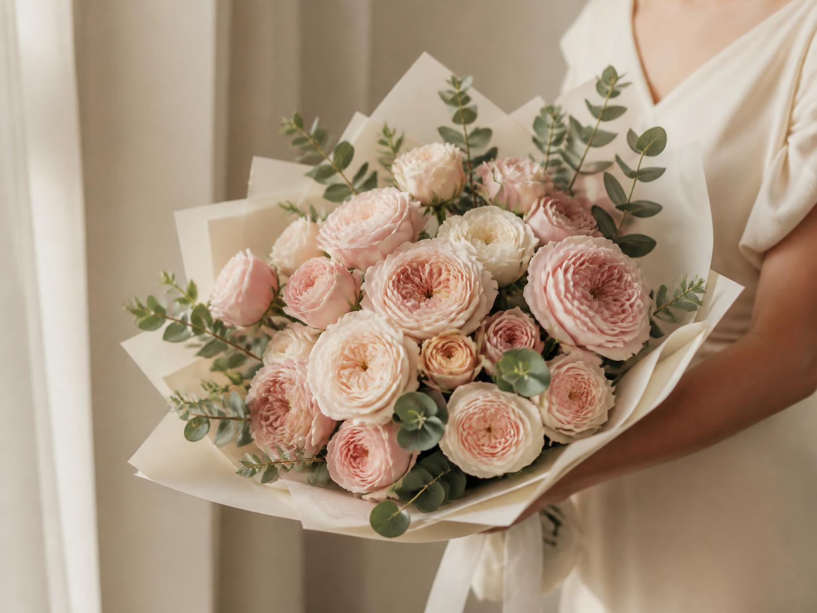 Buquê de rosas em tons blush envolvido em papel ivory